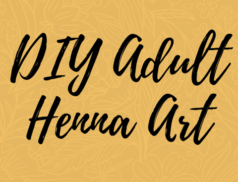 The words "DIY Adult Henna Art" are written in a script font over a background of orange paisley