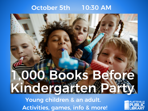 Blue framed image. Children with party horns and party hats on their heads.