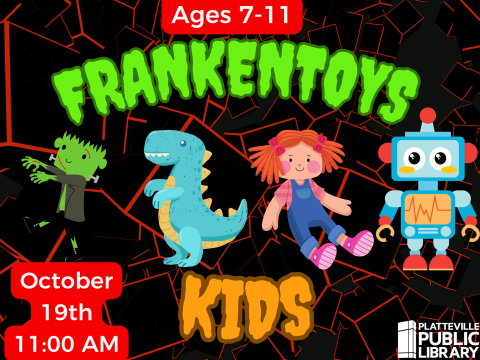 Black background with toy figures in a line: Frankenstein, a dinosaur, a doll, a robot.