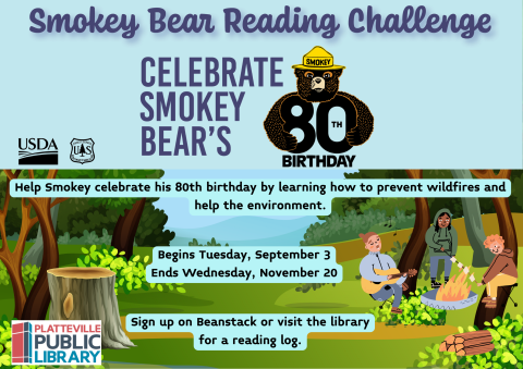 Smokey Bear holding the number 80th next to text "Celebrate Smokey Bear's". Forest background with three cartoon persons on right around a campfire