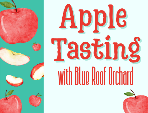 image of red watercolor apples against a mint green background. Text reads "Apple Tasting with Blue Roof Orchard"