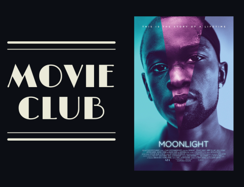 Movie Club against a black background next to the movie poster for Moonlight