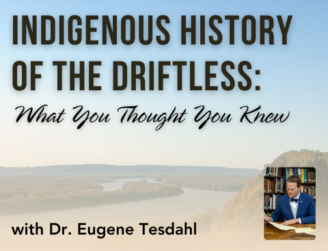 Photo of the Effigy Mounds as seen from across the Mississippi River. An inset photo features Dr Eugene Tesdahl looking at an old paper