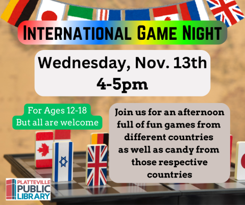 International Game Night Wed Nov 13 4-5pm