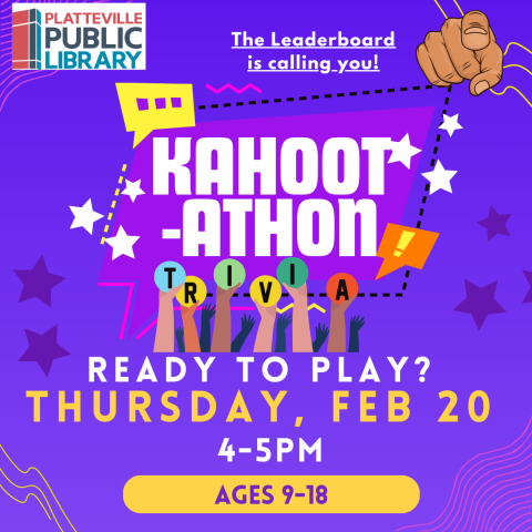 Kahoot-athon trivia poster with hands holding the letters for trivia. 