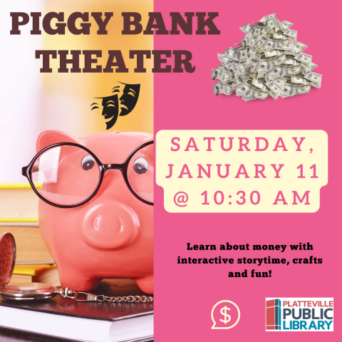 Pink Piggy Bank with glasses along with theater masks and a mound of dollar bills.