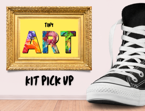 Photo of a large shoe next to a small piece of framed artwork. Text reads "Tiny Art: Kit Pickup"