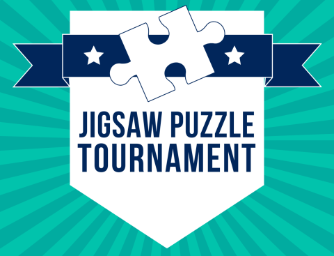 Text reads "Jigsaw puzzle tournament" over a blue and teal starburst