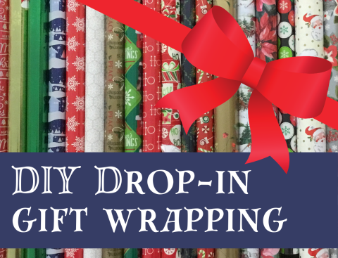 rolls of holiday gift wrap are lined up with a graphic of a red bow in the corner of the photo. Text reads "DIY drop-in gift wrapping"