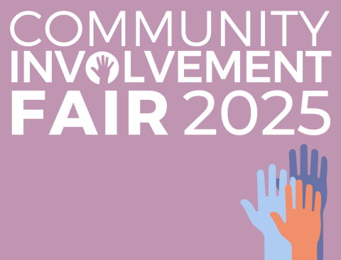 graphic of three hands raised in the air. Text reads "Community Involvement Fair 2025"