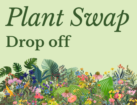 Graphics of an assortment of plants on a green background. Text reads "Plant Swap drop off"