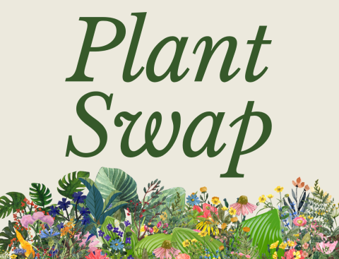 Graphics of an assortment of plants on an tan background. Text reads "Plant Swap"