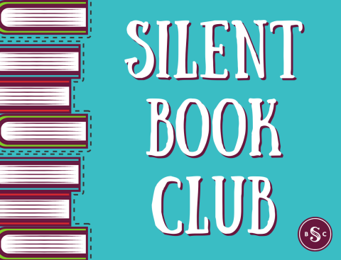 teal background with a graphic depicting stacked books along the left side. Text reads "Silent Book Club." In the bottom corner is a circle with the letters "SBC"