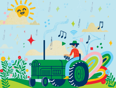 drawing of a person on tractor surrounded by rainbows and flowers.