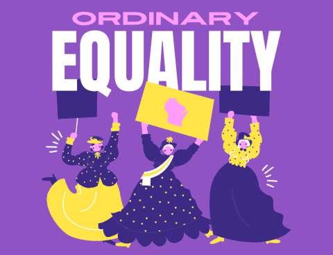 yellow, purple, and white cartoon-style drawing of three women dressed in 1910s dresses holding placards and wearing sashes