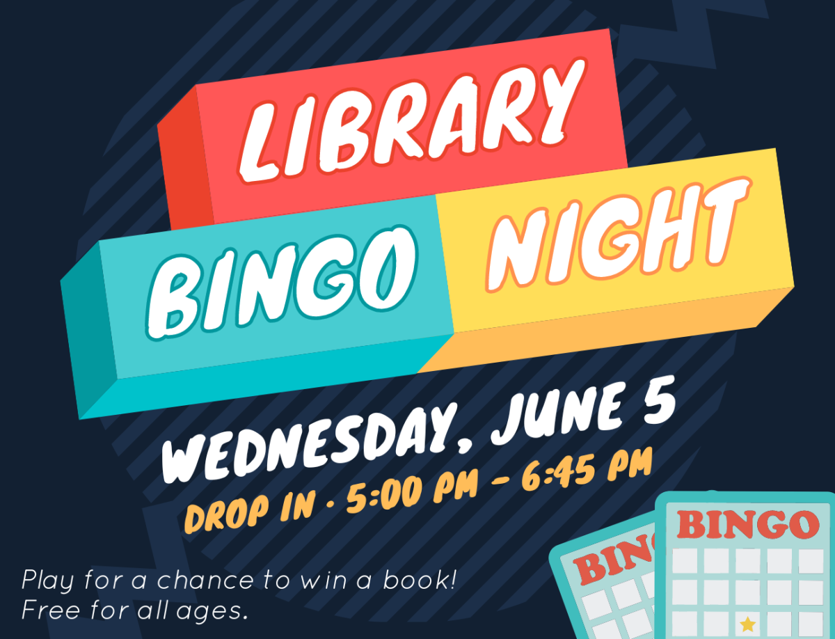 Brightly colored blocks with the words "Library Bingo Night" and a graphic of two bingo cards