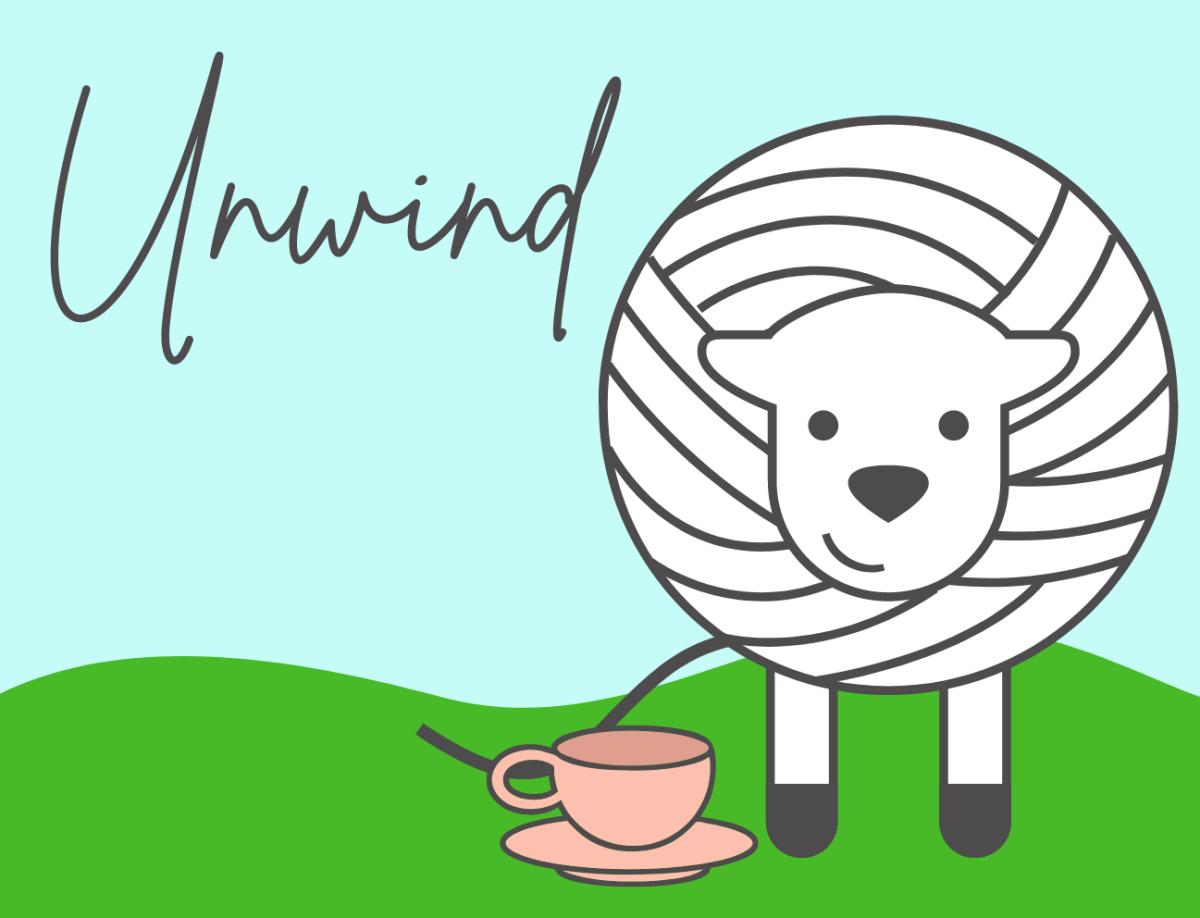 graphic of a sheep made out of a ball of yarn standing next to a cup of tea with the word "Unwind" in the background