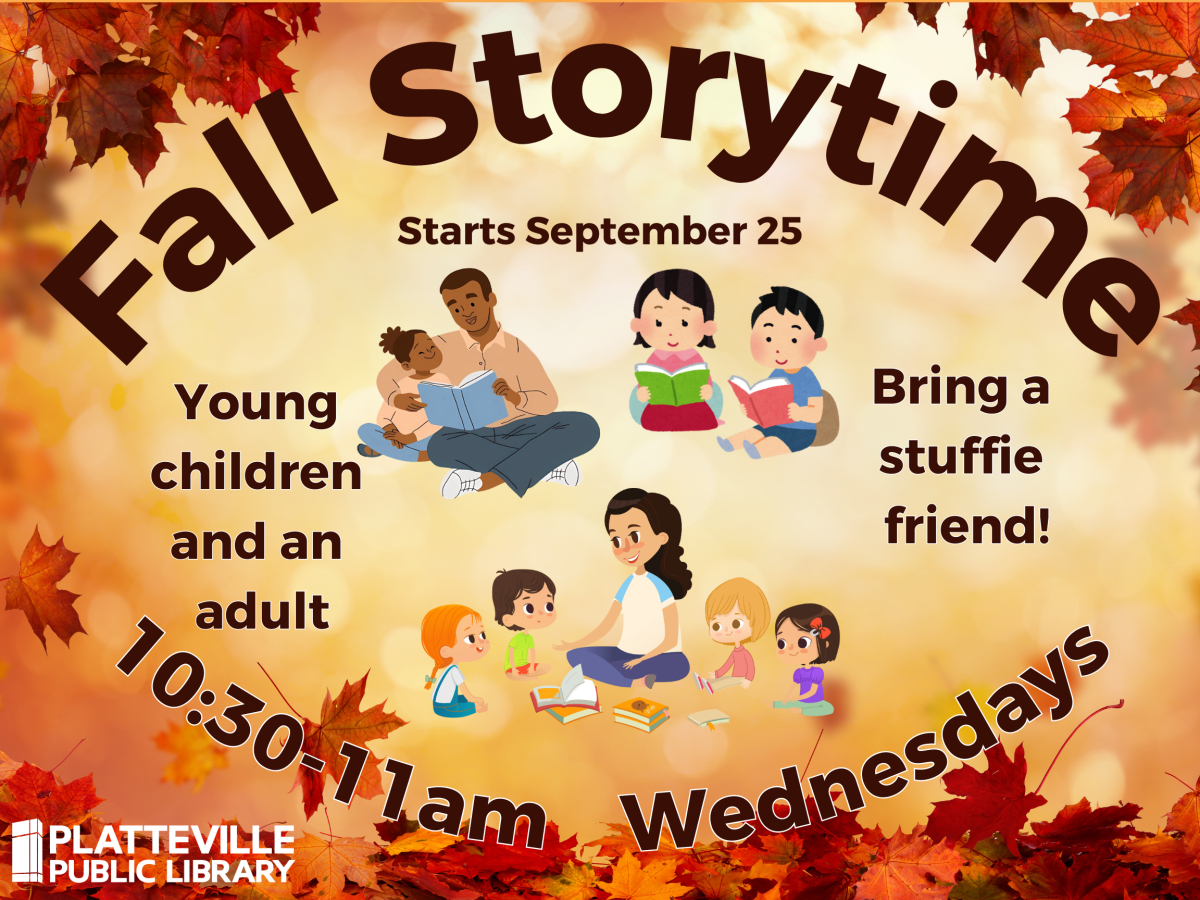 Text says Fall Storytime 10:30 am to 11 am Wednesdays. Images of children and adult reading.