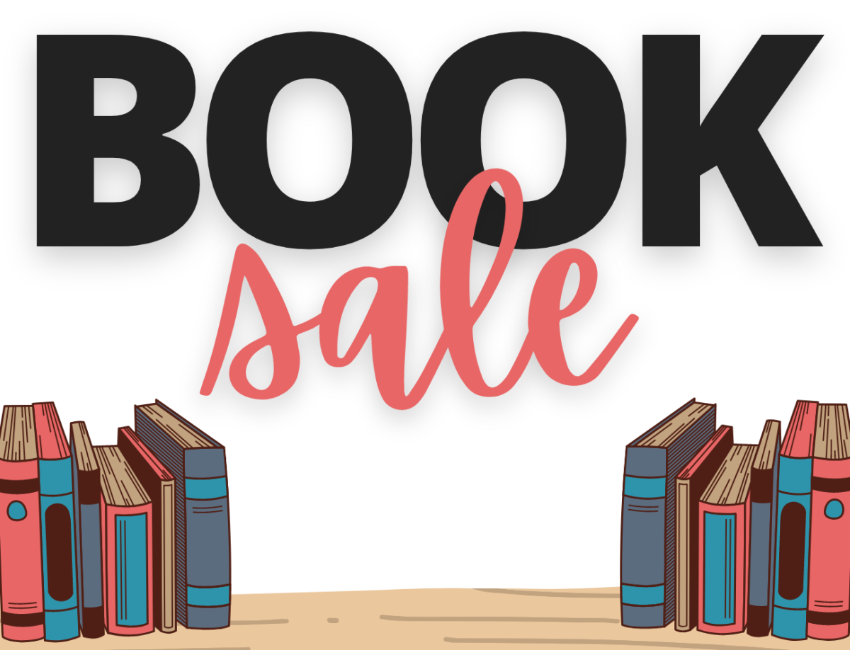 Text reads "Book Sale" above a graphic of pink and blue books sitting on a wooden shelf