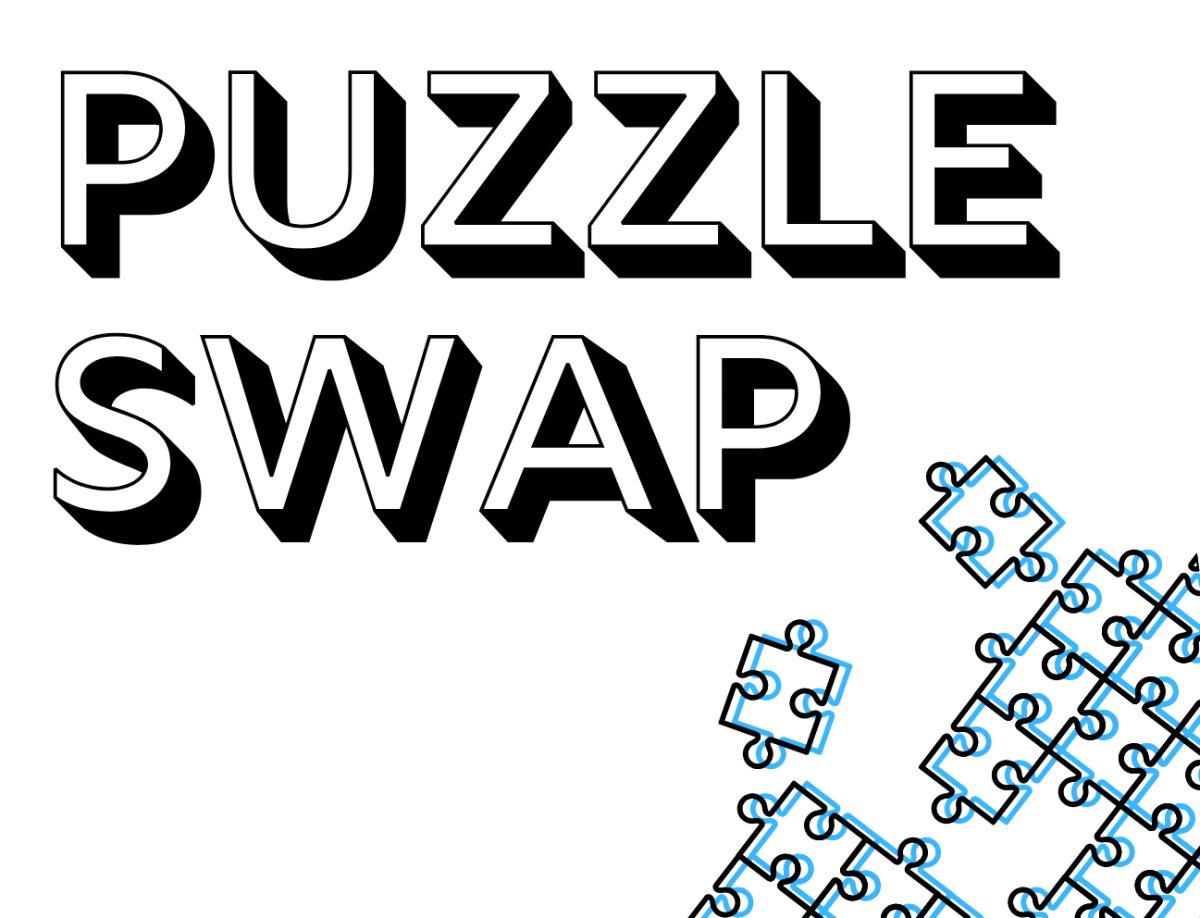 Text reads "Puzzle swap." In the corner of the image are puzzle pieces outlined in black and aqua