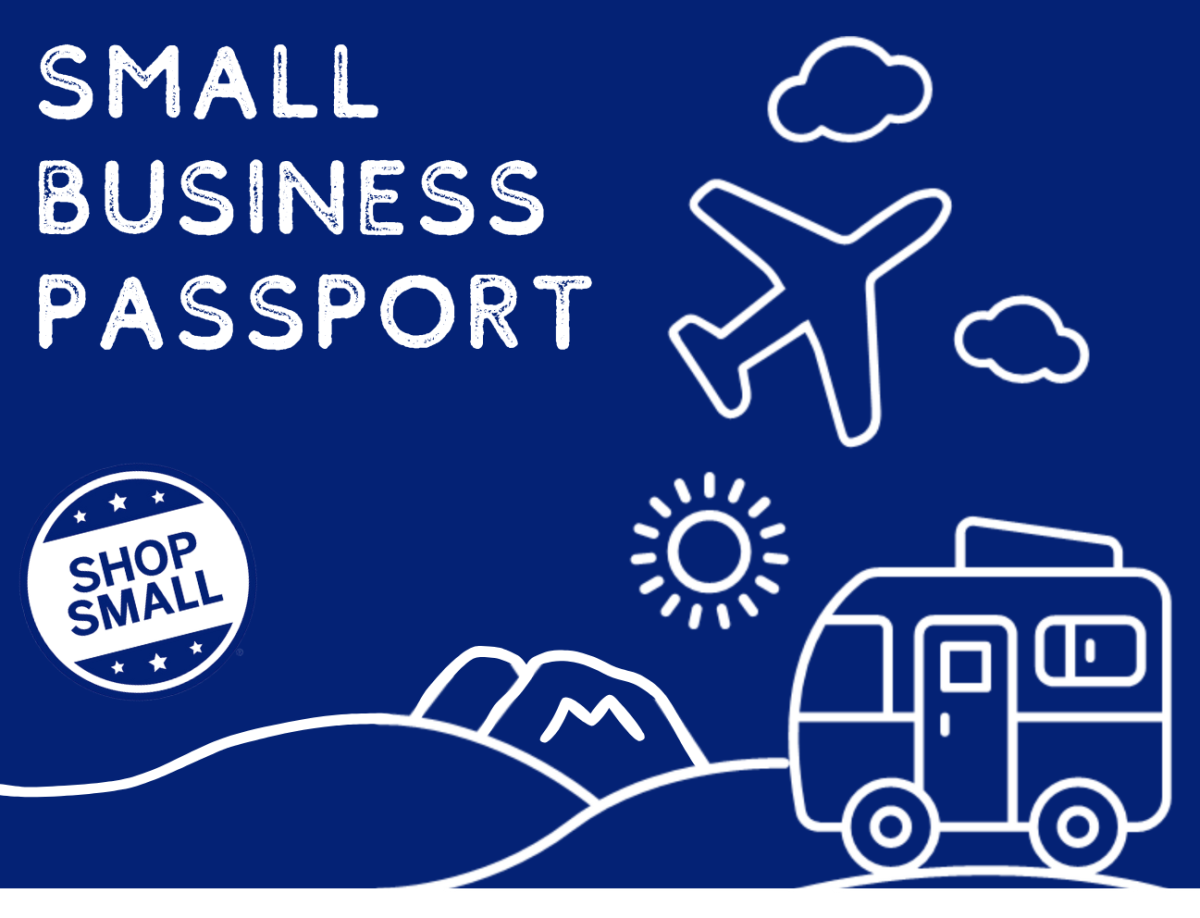 white outlines of a plane and campervan over a dark blue background. Text reads "Small business passport"