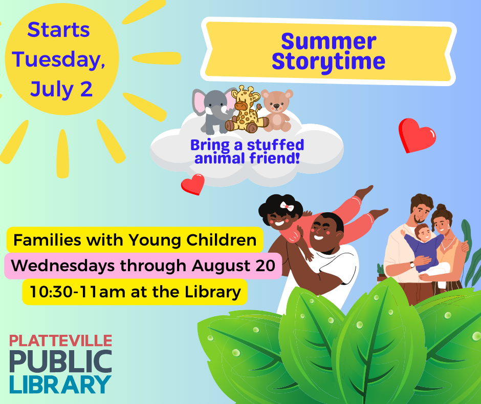 Image of a parents holding their children, animal stuffies on a cloud, floating hearts, and a sun. 