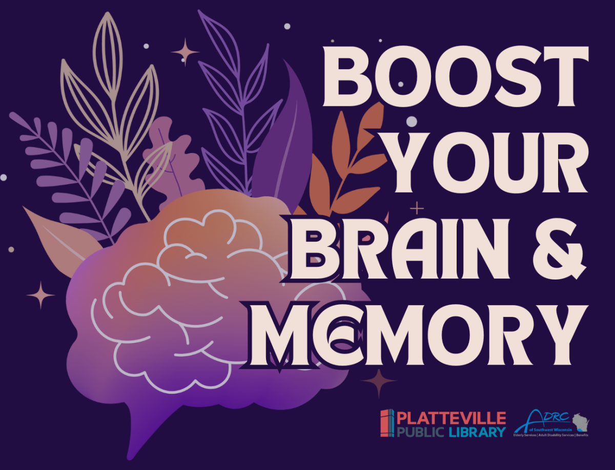 graphic of a purple and orange stylized brain with an assortment of floral stems behind the brain