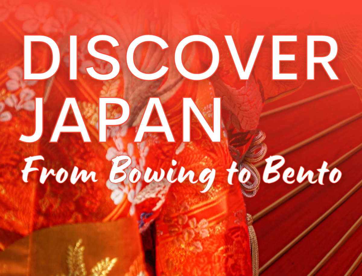 photo of a red kimono with the text "Discover Japan: From Bowing to Bento"